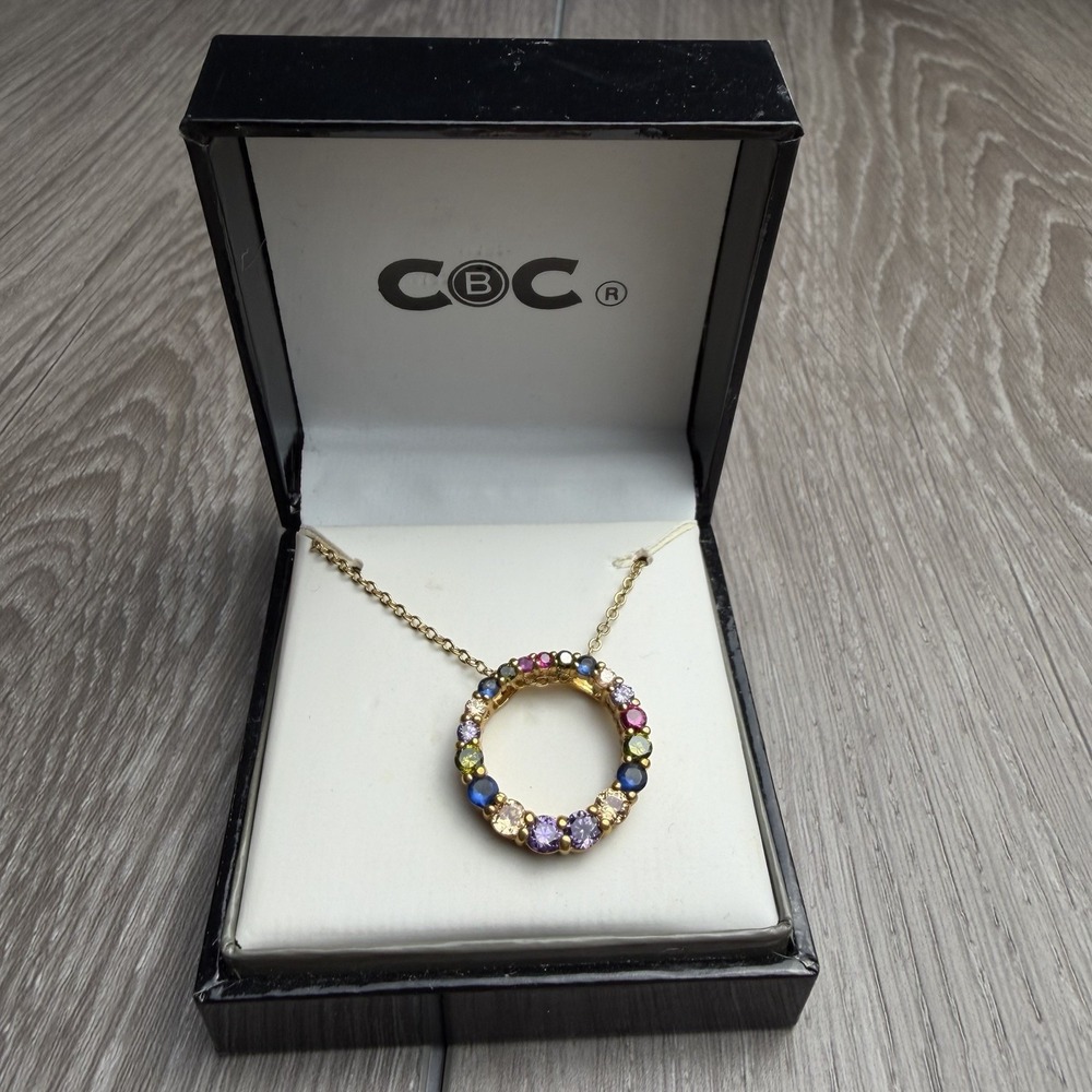 CBC City by City Rainbow Cubic Zirconia Circle Pendant Necklace Gold Tone New